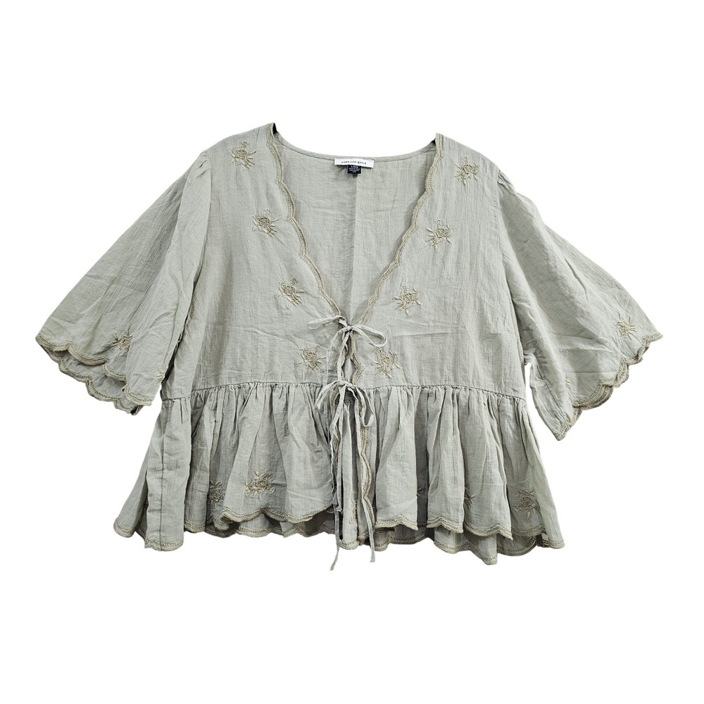 American Eagle Top Womens L Green Embroidered Scallop Tie Front Peplum Blouse
